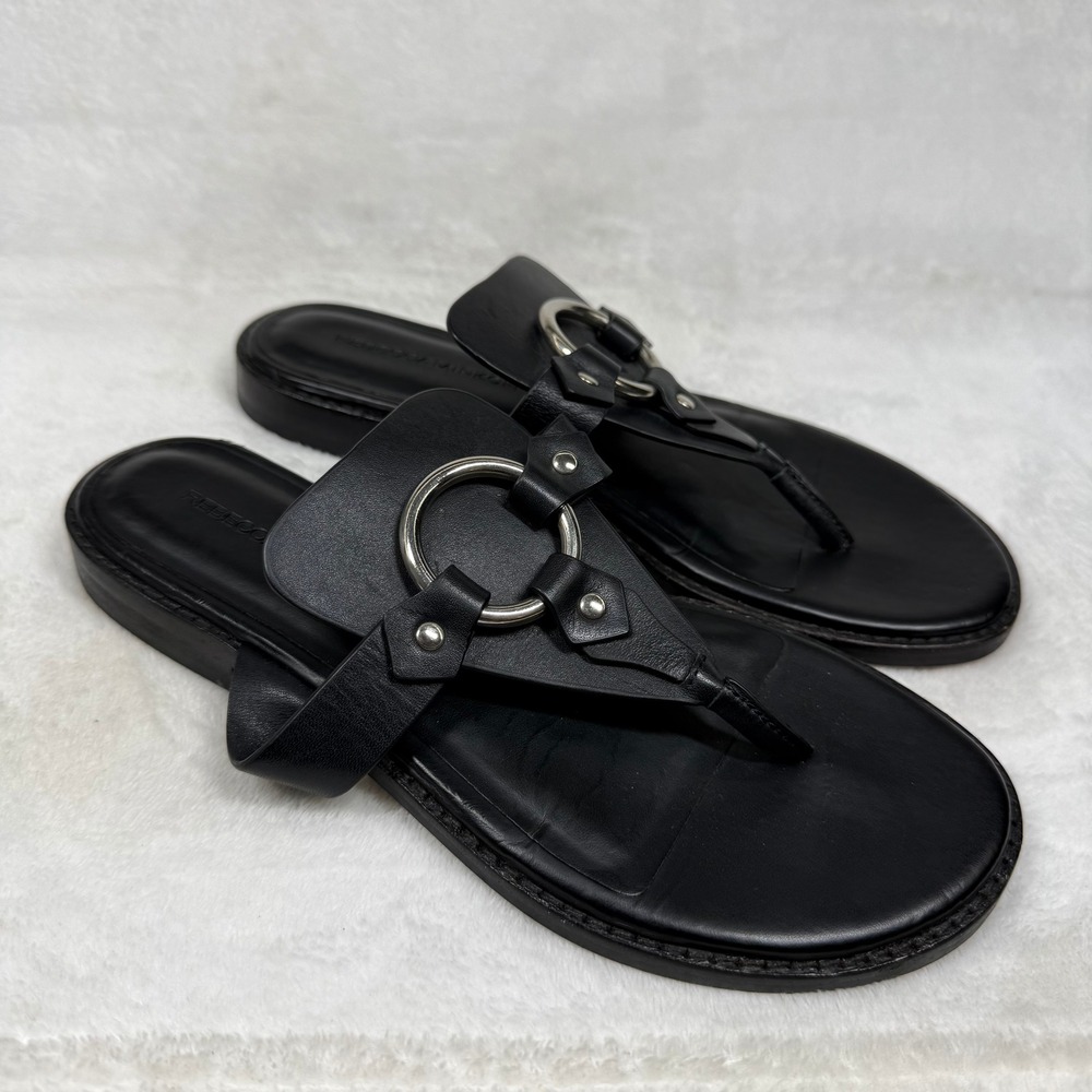 Rebecca‎ Minkoff Black Leather O-Ring Studded Thong Slide Sandals Womens 6M